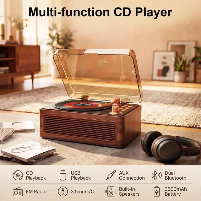 Alt view image 2 of 7 - Portable CD Player with Speaker Retro Wood, 3600 mAh Nostalgic CD Music Player Bluetooth for Home with FM Radio Remote Support USB & AUX Playback, Vintage Gift for Men Women Birthday Christmas