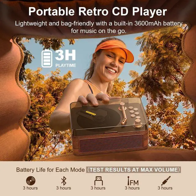Alt view image 5 of 7 - Portable CD Player with Speaker Retro Wood, 3600 mAh Nostalgic CD Music Player Bluetooth for Home with FM Radio Remote Support USB & AUX Playback, Vintage Gift for Men Women Birthday Christmas
