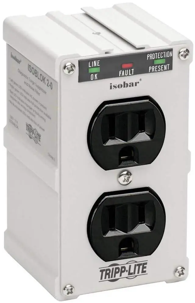 Main image of Isobar ISOBLOK2-0 Heavy Duty Outlet Extender, Wall Power Strip Surge Protector, 2 Outlets, Direct Plug-in, White, Metal Power Strip, Industrial Garage Work Shop Bench