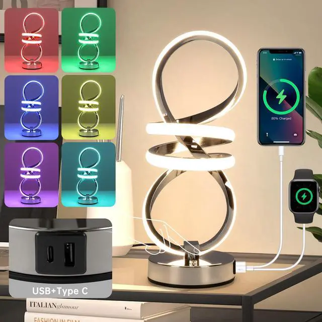 Main image of RGB Spiral Table Lamp, Modern LED Table Lamp, Chrome Cool Bedside Lamps, 7 Colors & 10 Light Modes Touch Dimmable LED Nightstand Lamp with USB/Type C for Bedroom, Living Room,Silver