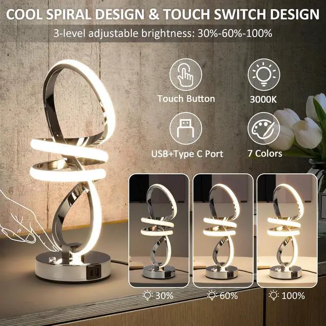 Alt view image 2 of 5 - RGB Spiral Table Lamp, Modern LED Table Lamp, Chrome Cool Bedside Lamps, 7 Colors & 10 Light Modes Touch Dimmable LED Nightstand Lamp with USB/Type C for Bedroom, Living Room,Silver