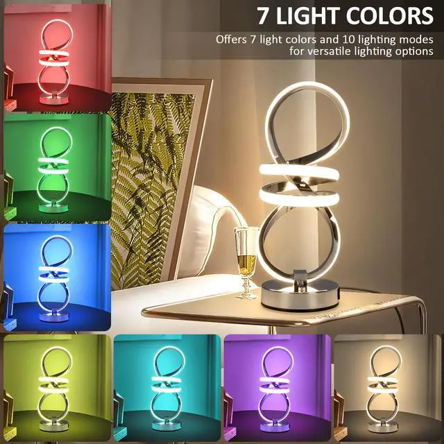 Alt view image 3 of 5 - RGB Spiral Table Lamp, Modern LED Table Lamp, Chrome Cool Bedside Lamps, 7 Colors & 10 Light Modes Touch Dimmable LED Nightstand Lamp with USB/Type C for Bedroom, Living Room,Silver