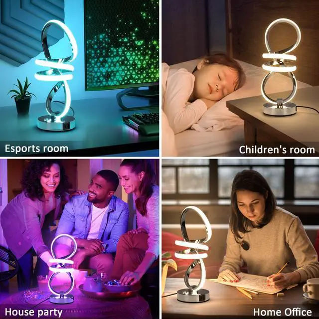 Alt view image 5 of 5 - RGB Spiral Table Lamp, Modern LED Table Lamp, Chrome Cool Bedside Lamps, 7 Colors & 10 Light Modes Touch Dimmable LED Nightstand Lamp with USB/Type C for Bedroom, Living Room,Silver