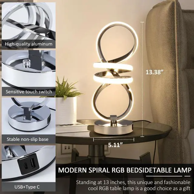 Alt view image 4 of 5 - RGB Spiral Table Lamp, Modern LED Table Lamp, Chrome Cool Bedside Lamps, 7 Colors & 10 Light Modes Touch Dimmable LED Nightstand Lamp with USB/Type C for Bedroom, Living Room,Silver