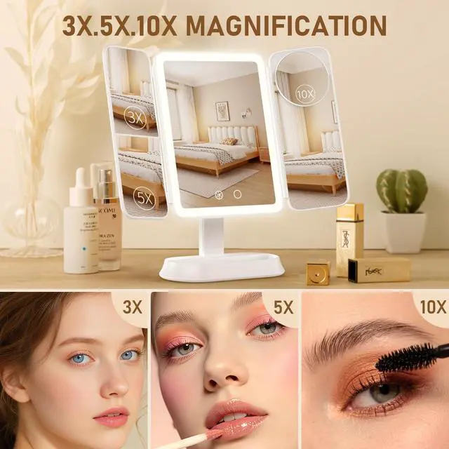 Alt view image 2 of 7 - Makeup Mirror with Lights, Rechargeable Tri-Fold Magnifying Mirror,Touch Screen and 3X/5X/10X Magnification, Travel Mirror