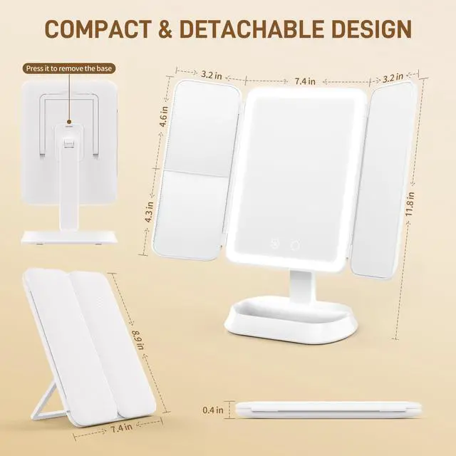 Alt view image 6 of 7 - Makeup Mirror with Lights, Rechargeable Tri-Fold Magnifying Mirror,Touch Screen and 3X/5X/10X Magnification, Travel Mirror
