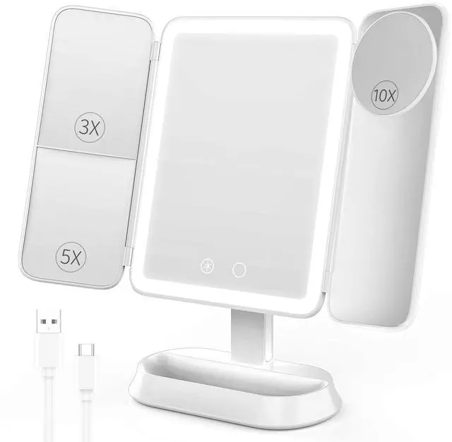 Main image of Makeup Mirror with Lights, Rechargeable Tri-Fold Magnifying Mirror,Touch Screen and 3X/5X/10X Magnification, Travel Mirror