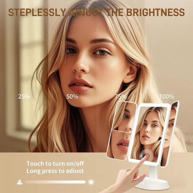 Alt view image 4 of 7 - Makeup Mirror with Lights, Rechargeable Tri-Fold Magnifying Mirror,Touch Screen and 3X/5X/10X Magnification, Travel Mirror