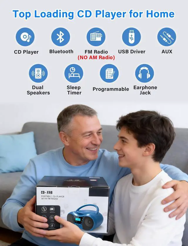 Alt view image 2 of 7 - Boombox CD Player for Home with Bluetooth, Portable CD Player Boom Box with FM Radio, Stereo Sound, AC/Battery Powered, CD/CD-R/RW Compatible, Support AUX/USB/Headphone (Blue)