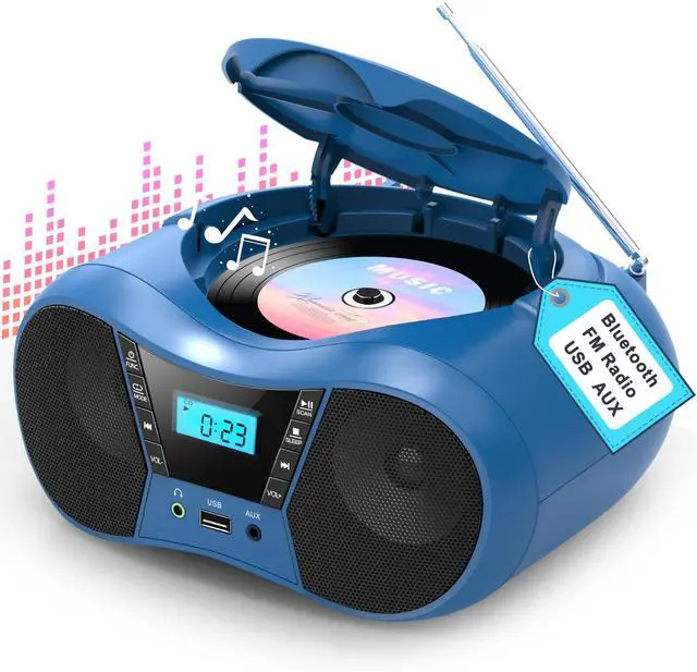 Main image of Boombox CD Player for Home with Bluetooth, Portable CD Player Boom Box with FM Radio, Stereo Sound, AC/Battery Powered, CD/CD-R/RW Compatible, Support AUX/USB/Headphone (Blue)
