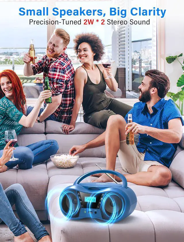 Alt view image 4 of 7 - Boombox CD Player for Home with Bluetooth, Portable CD Player Boom Box with FM Radio, Stereo Sound, AC/Battery Powered, CD/CD-R/RW Compatible, Support AUX/USB/Headphone (Blue)
