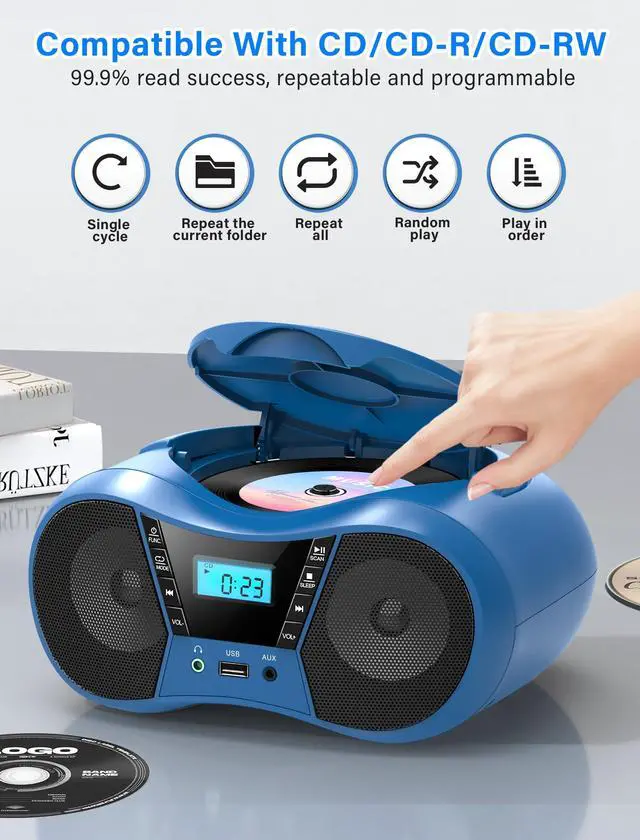 Alt view image 5 of 7 - Boombox CD Player for Home with Bluetooth, Portable CD Player Boom Box with FM Radio, Stereo Sound, AC/Battery Powered, CD/CD-R/RW Compatible, Support AUX/USB/Headphone (Blue)
