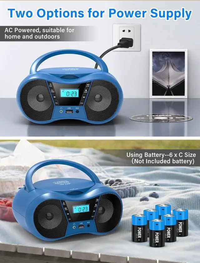 Alt view image 6 of 7 - Boombox CD Player for Home with Bluetooth, Portable CD Player Boom Box with FM Radio, Stereo Sound, AC/Battery Powered, CD/CD-R/RW Compatible, Support AUX/USB/Headphone (Blue)