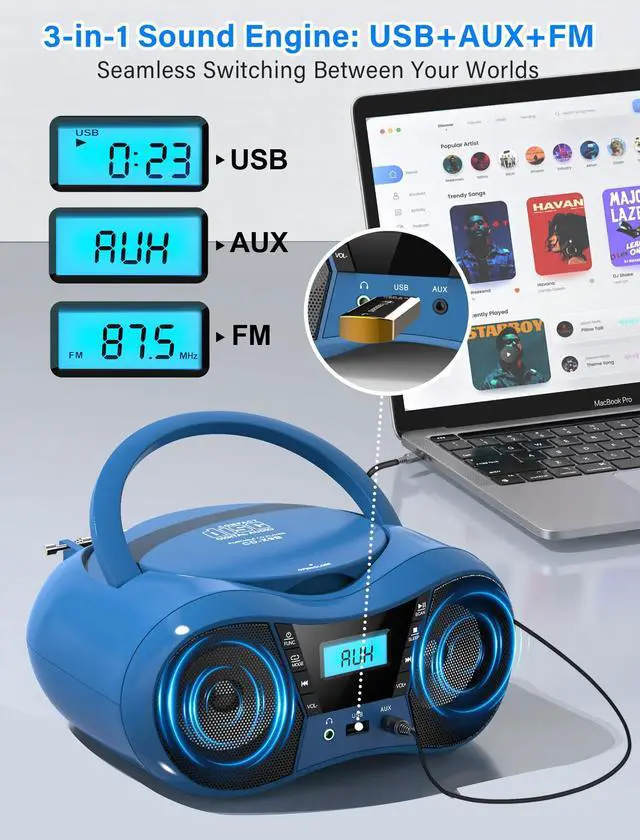 Alt view image 7 of 7 - Boombox CD Player for Home with Bluetooth, Portable CD Player Boom Box with FM Radio, Stereo Sound, AC/Battery Powered, CD/CD-R/RW Compatible, Support AUX/USB/Headphone (Blue)