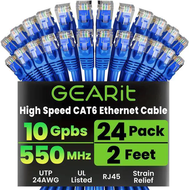 Main image of Cat 6 Ethernet Patch Cable 2 ft Blue (24-Pack Cat6 Ethernet Patch Cables 2ft), Cat 6 High Speed 24AWG 10Gbps RJ45 Snagless Gold-Plated, Ethernet Cable for Router, Switch, PC, PS5 Gaming, Server
