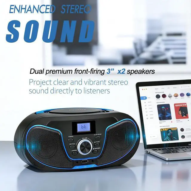 Alt view image 3 of 7 - Portable CD Boombox, CD Player with Clear Stereo Sound, Bluetooth 5.3, FM Radio, USB/AUX/3.5mm Earphone Jack, AC/Battery Powered for Home Outdoor Kids Elders (LP-D02)