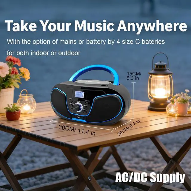 Alt view image 5 of 7 - Portable CD Boombox, CD Player with Clear Stereo Sound, Bluetooth 5.3, FM Radio, USB/AUX/3.5mm Earphone Jack, AC/Battery Powered for Home Outdoor Kids Elders (LP-D02)