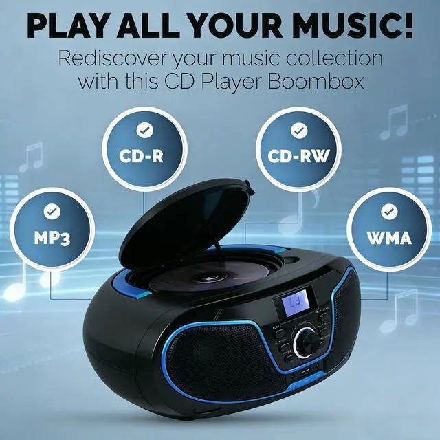 Alt view image 4 of 7 - Portable CD Boombox, CD Player with Clear Stereo Sound, Bluetooth 5.3, FM Radio, USB/AUX/3.5mm Earphone Jack, AC/Battery Powered for Home Outdoor Kids Elders (LP-D02)