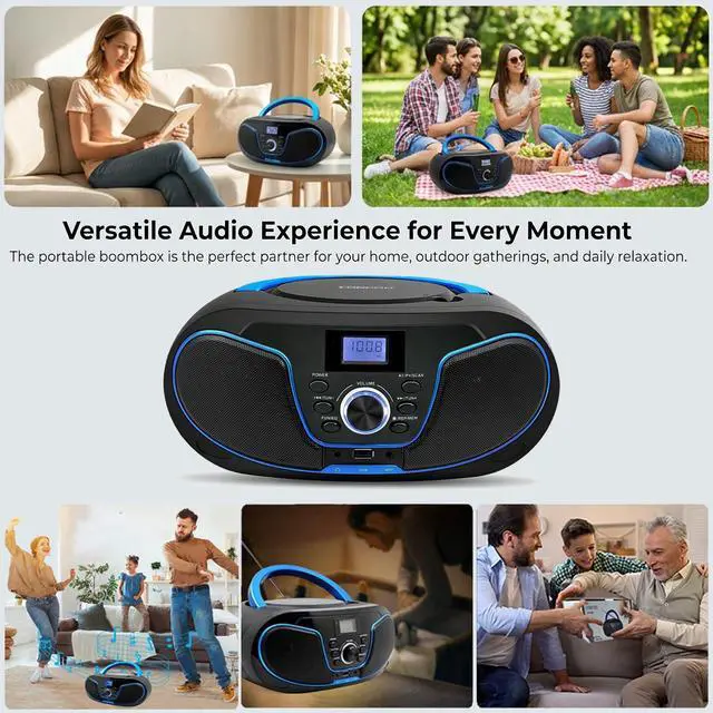 Alt view image 7 of 7 - Portable CD Boombox, CD Player with Clear Stereo Sound, Bluetooth 5.3, FM Radio, USB/AUX/3.5mm Earphone Jack, AC/Battery Powered for Home Outdoor Kids Elders (LP-D02)
