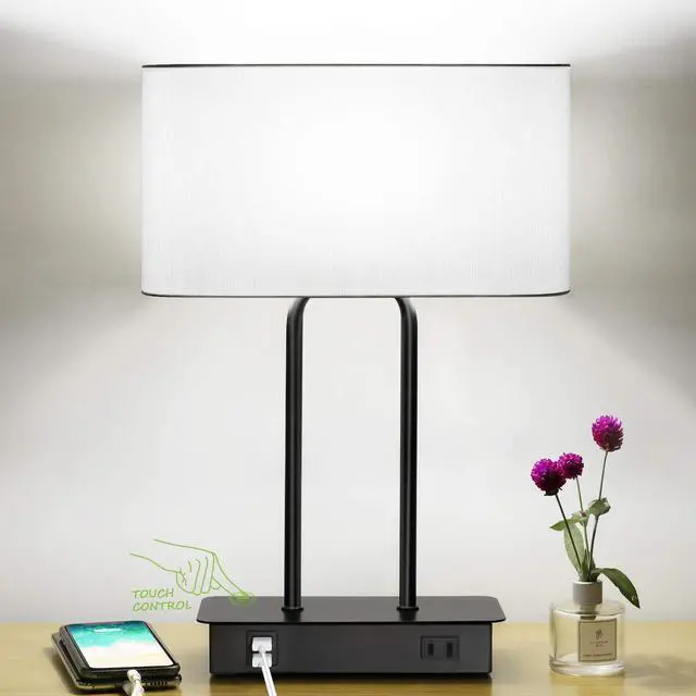 Main image of Bedside Touch Control Table Lamp with Dual USB Charging Ports 1 AC Outlet, 3 Way Dimmable Modern Nightstand Lamp with White Fabric Shade, Desk Lamp for Bedroom Living Room Office with 5000K LED Bulb