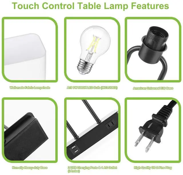 Alt view image 4 of 7 - Bedside Touch Control Table Lamp with Dual USB Charging Ports 1 AC Outlet, 3 Way Dimmable Modern Nightstand Lamp with White Fabric Shade, Desk Lamp for Bedroom Living Room Office with 5000K LED Bulb