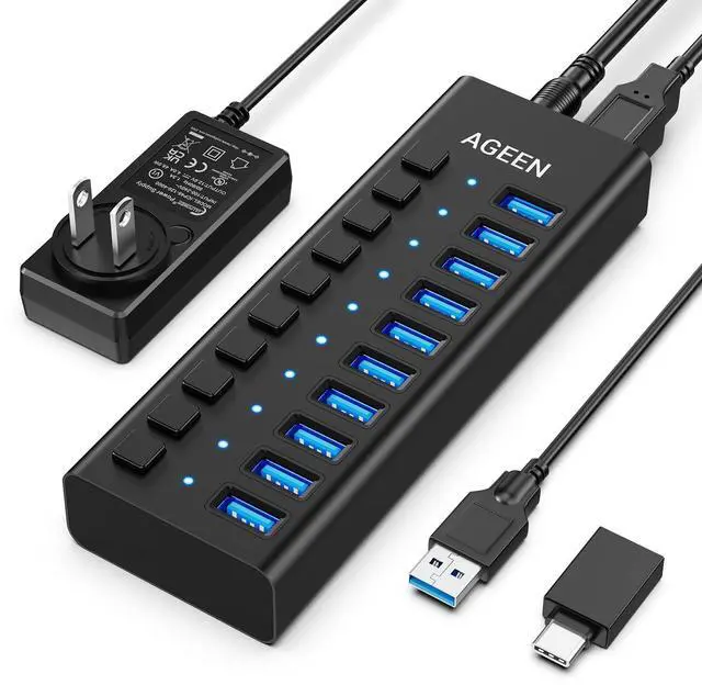 Main image of 10-Port USB 3.2 Gen 2 Hub, 10Gbps High-Speed Aluminum Powered Hub with 48W Adapter, Individual Switches & Surge Protection for PC/Laptop, Flash Drive, Printer, Camera