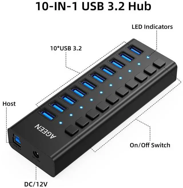 Alt view image 2 of 7 - 10-Port USB 3.2 Gen 2 Hub, 10Gbps High-Speed Aluminum Powered Hub with 48W Adapter, Individual Switches & Surge Protection for PC/Laptop, Flash Drive, Printer, Camera