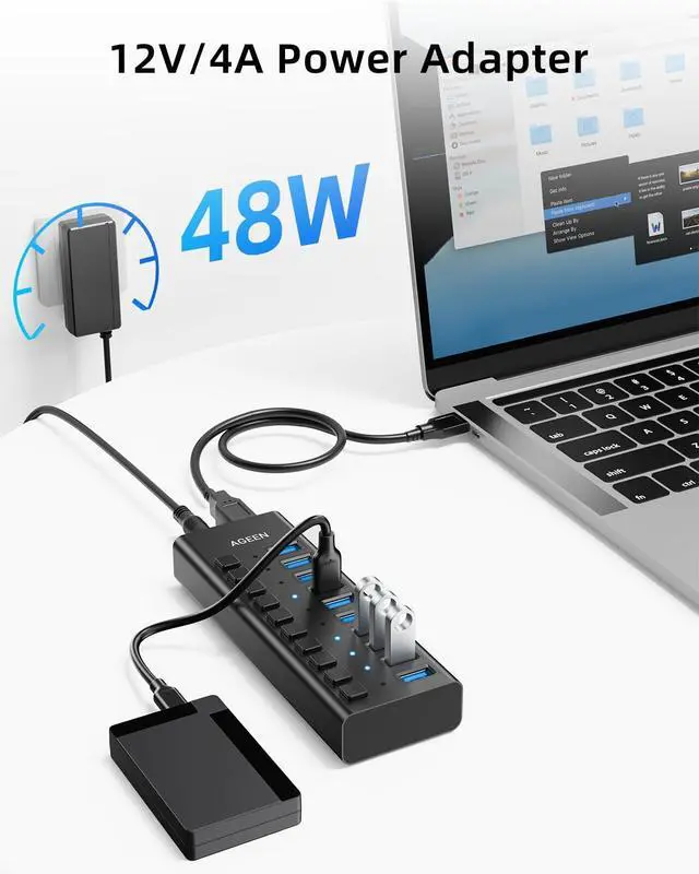 Alt view image 4 of 7 - 10-Port USB 3.2 Gen 2 Hub, 10Gbps High-Speed Aluminum Powered Hub with 48W Adapter, Individual Switches & Surge Protection for PC/Laptop, Flash Drive, Printer, Camera