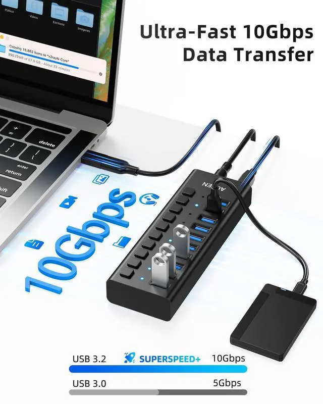 Alt view image 3 of 7 - 10-Port USB 3.2 Gen 2 Hub, 10Gbps High-Speed Aluminum Powered Hub with 48W Adapter, Individual Switches & Surge Protection for PC/Laptop, Flash Drive, Printer, Camera