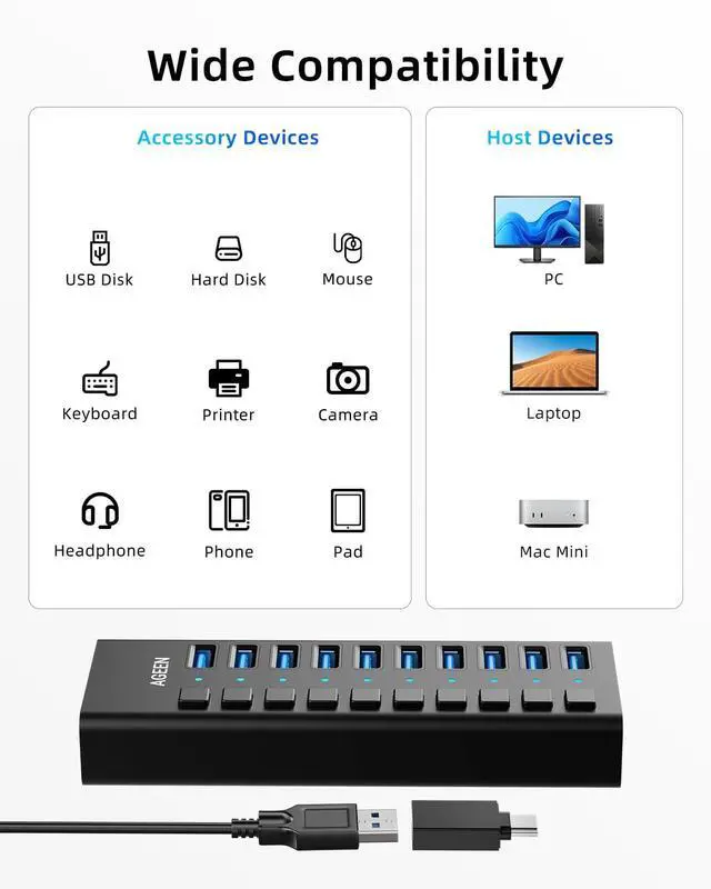 Alt view image 6 of 7 - 10-Port USB 3.2 Gen 2 Hub, 10Gbps High-Speed Aluminum Powered Hub with 48W Adapter, Individual Switches & Surge Protection for PC/Laptop, Flash Drive, Printer, Camera