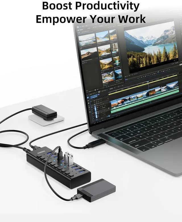 Alt view image 7 of 7 - 10-Port USB 3.2 Gen 2 Hub, 10Gbps High-Speed Aluminum Powered Hub with 48W Adapter, Individual Switches & Surge Protection for PC/Laptop, Flash Drive, Printer, Camera