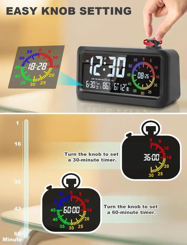 Alt view image 2 of 7 - Rechargeable Digital Alarm Clock with 60-Minute Timer, Dual LCD Display Digital Clock Visual Timer for Kids Student,Temperature & Date Ideal for Time Management, Bedroom, Office and Home Use