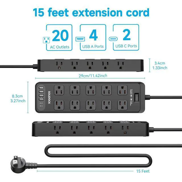 Alt view image 7 of 7 - Power Strip Surge Protector Flat Plug with 20 AC Outlets 6 USB Chagring Ports, 1875W/15A, 2700J, 15 Feet Heavy Duty Extension Cord for Home, Office, Dorm, Gaming,ETL Listed (Black, 15FT)