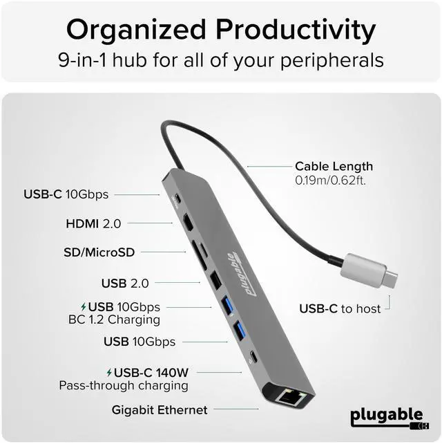 Alt view image 3 of 7 - USB C Hub Multiport Adapter: 9-in-1 with 140W PD Charging, 4K 60Hz HDMI, 10Gbps Data Transfer, Gigabit Ethernet, SD for USBC, USB4, Thunderbolt MacBook, Windows, Chromebook (USBC-9IN1E)