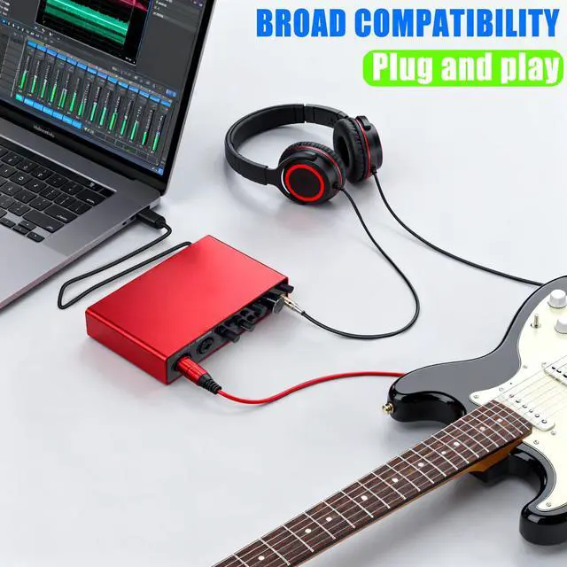 Alt view image 4 of 7 - USB Audio Interface for Computer Recording Music(Red), 2 Channel Guitar Audio Interface, 32Bit/192kHz Podcasting Streaming with 48V Phantom Power