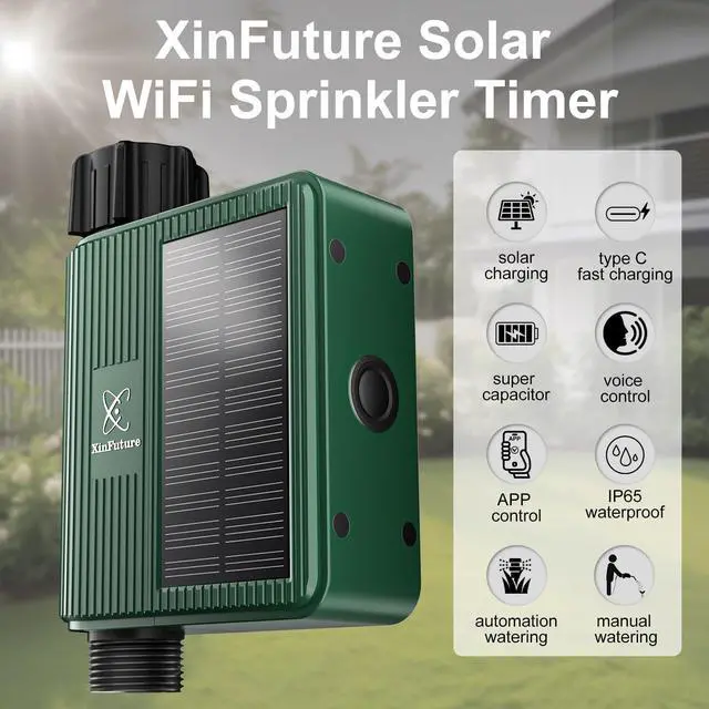 Alt view image 2 of 7 - Smart WiFi Solar Sprinkler Timer, XinFuture Water Timer Rechargeable with Rain Delay, Manual& Automatic Watering System for Garden Hose Faucet, App& Voice Control, Outdoor Irrigation Controller