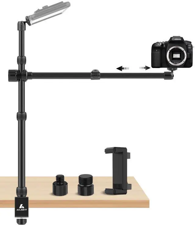 Main image of Camera Desk Mount Stand Overhead, Adjustable Microphone Boom Arm Mic Stand with Phone Holder, Camera Arm Clamp 5/8'' 3/8'' 1/4'' Screws for Shure, Blue Yeti, Rode, Elgato, Fifine, HyperX