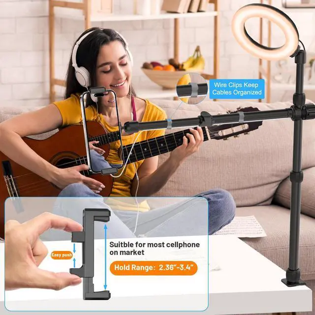 Alt view image 2 of 7 - Camera Desk Mount Stand Overhead, Adjustable Microphone Boom Arm Mic Stand with Phone Holder, Camera Arm Clamp 5/8'' 3/8'' 1/4'' Screws for Shure, Blue Yeti, Rode, Elgato, Fifine, HyperX