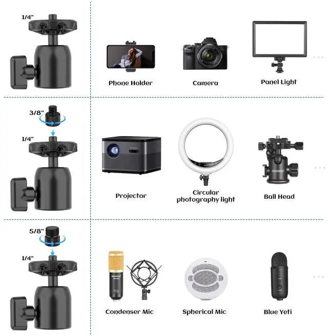 Alt view image 6 of 7 - Camera Desk Mount Stand Overhead, Adjustable Microphone Boom Arm Mic Stand with Phone Holder, Camera Arm Clamp 5/8'' 3/8'' 1/4'' Screws for Shure, Blue Yeti, Rode, Elgato, Fifine, HyperX