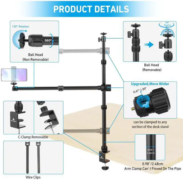 Alt view image 5 of 7 - Camera Desk Mount Stand Overhead, Adjustable Microphone Boom Arm Mic Stand with Phone Holder, Camera Arm Clamp 5/8'' 3/8'' 1/4'' Screws for Shure, Blue Yeti, Rode, Elgato, Fifine, HyperX