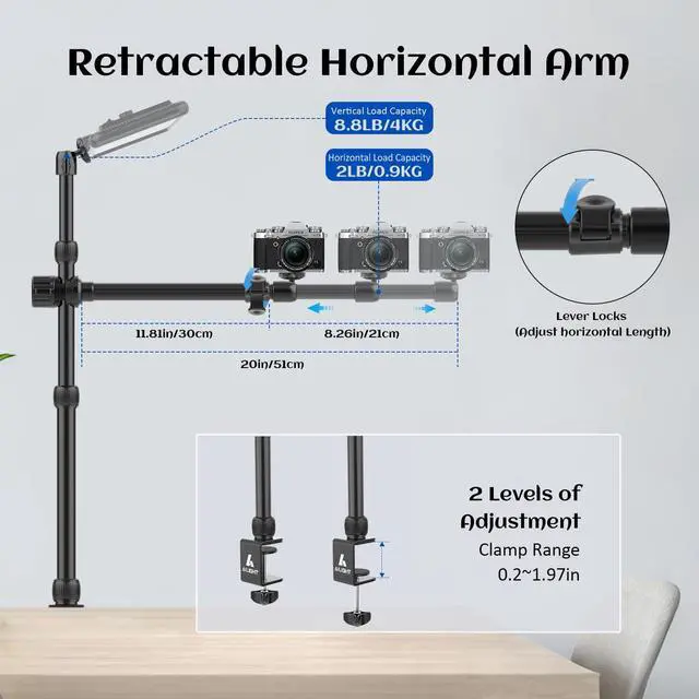 Alt view image 4 of 7 - Camera Desk Mount Stand Overhead, Adjustable Microphone Boom Arm Mic Stand with Phone Holder, Camera Arm Clamp 5/8'' 3/8'' 1/4'' Screws for Shure, Blue Yeti, Rode, Elgato, Fifine, HyperX