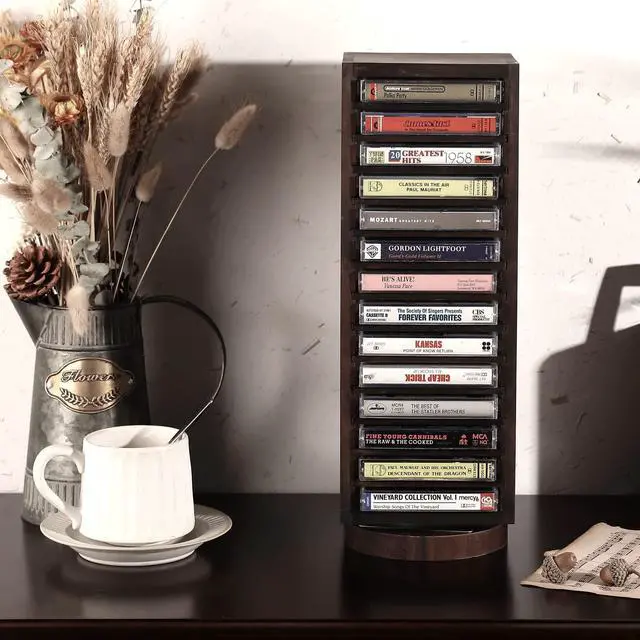 Alt view image 3 of 4 - Cassette Tape Storage, 360-Degree Rotatable Design Farmhouse Style Cassette Rack Tower, Double-Sided 28-Slot, Rustic Solid Burnt Wood & Diamond Metal Wire Mesh