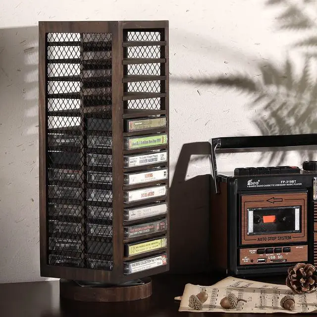 Alt view image 2 of 4 - Cassette Tape Storage, 360-Degree Rotatable Design Farmhouse Style Cassette Rack Tower, Double-Sided 28-Slot, Rustic Solid Burnt Wood & Diamond Metal Wire Mesh