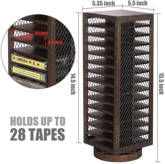 Alt view image 4 of 4 - Cassette Tape Storage, 360-Degree Rotatable Design Farmhouse Style Cassette Rack Tower, Double-Sided 28-Slot, Rustic Solid Burnt Wood & Diamond Metal Wire Mesh