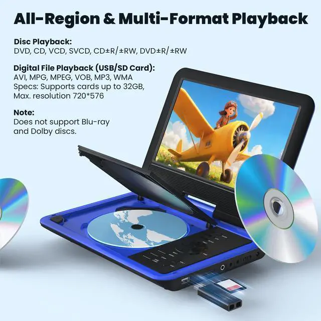 Alt view image 4 of 7 - 11.5" Portable DVD Player for Kids and Car, 9.5" Eye-Protective Screen with 5 Hours Rechargeable Battery, Support Sync TV/USB/SD Card and Multiple Disc Formats, Region Free - Blue
