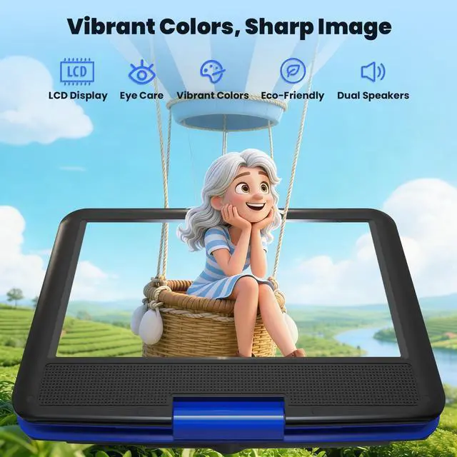 Alt view image 2 of 7 - 11.5" Portable DVD Player for Kids and Car, 9.5" Eye-Protective Screen with 5 Hours Rechargeable Battery, Support Sync TV/USB/SD Card and Multiple Disc Formats, Region Free - Blue