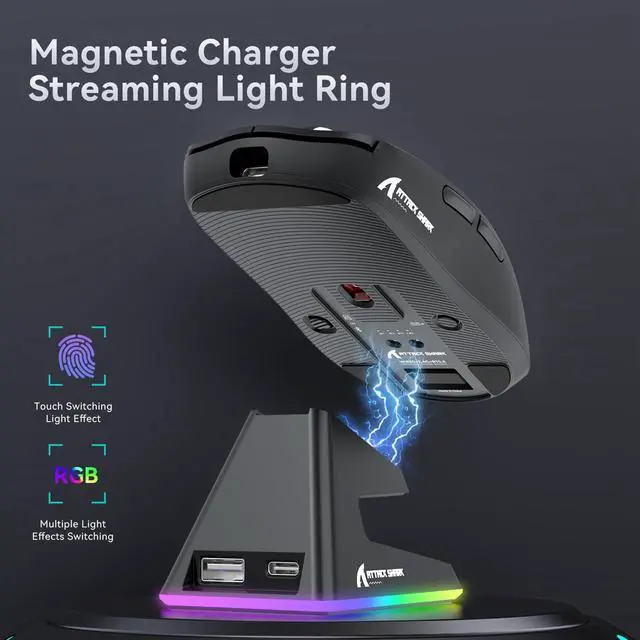 Alt view image 4 of 7 - X6 Lightweight Wireless Gaming Mouse with RGB Backlight Charging Base,Tri-Mode Wired/2.4GHz/BT5.2,26K DPI, PAW3395 Optical Sensor,HUANO Switch,5programmable Buttons,PC/Mac(Black)