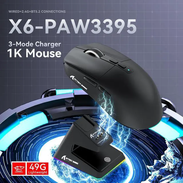 Alt view image 2 of 7 - X6 Lightweight Wireless Gaming Mouse with RGB Backlight Charging Base,Tri-Mode Wired/2.4GHz/BT5.2,26K DPI, PAW3395 Optical Sensor,HUANO Switch,5programmable Buttons,PC/Mac(Black)