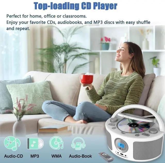 Alt view image 6 of 7 - Portable CD Player Boombox with FM Radio, Bluetooth, Remote Control, USB Port and AUX Headphone Jack, CD-R/CD-RW/MP3-CD Compatible, Clear Stereo Sound, AC/Battery Powered