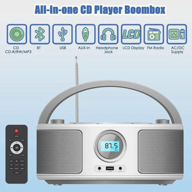 Alt view image 2 of 7 - Portable CD Player Boombox with FM Radio, Bluetooth, Remote Control, USB Port and AUX Headphone Jack, CD-R/CD-RW/MP3-CD Compatible, Clear Stereo Sound, AC/Battery Powered